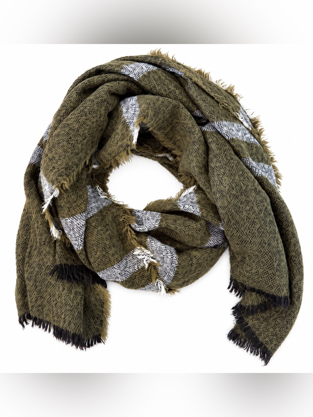ZARA Oversized Blanket Scarf Olive Green Gray Striped Plaid Fringe Wrap
